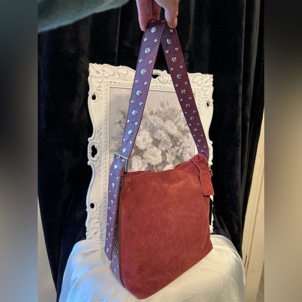 🍷MADE IN INDIA Suede Studded Hobo Elegant Burgundy Shoulder Bag🍷NWT - Picture 13 of 17